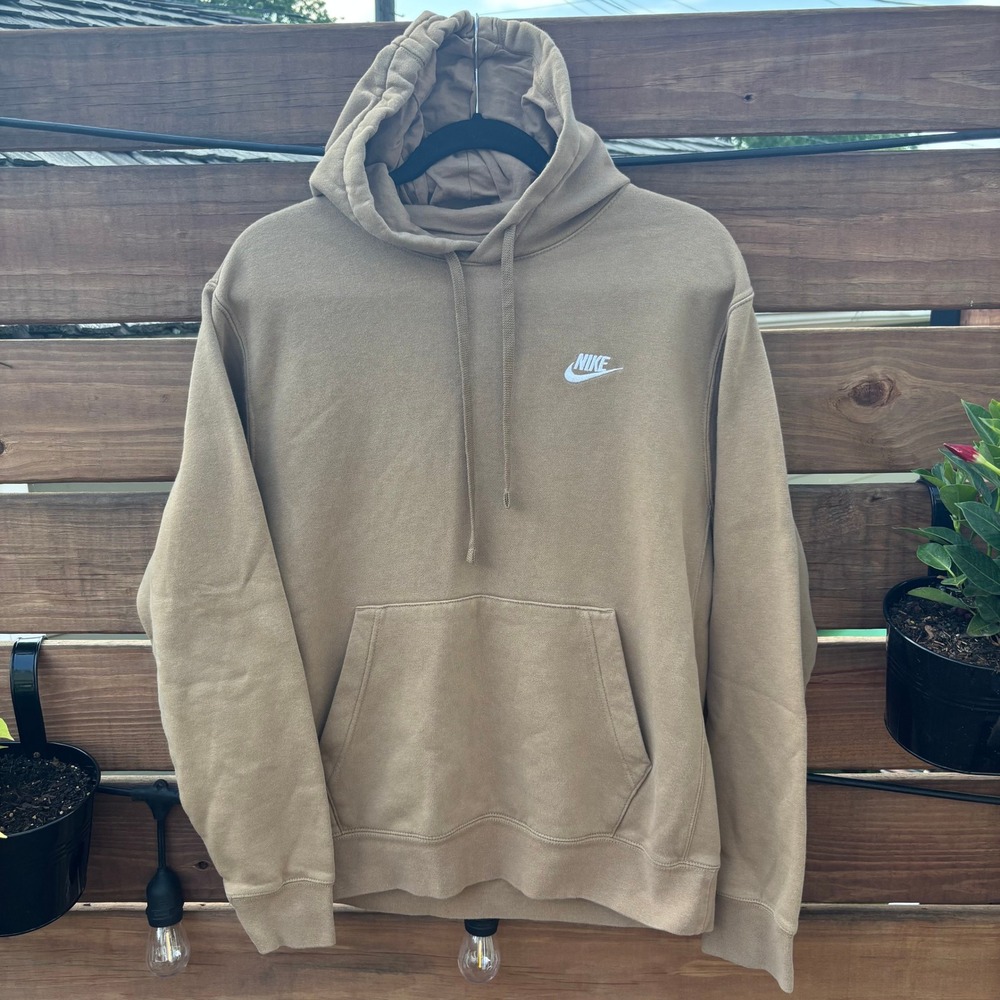 Nike Hoodie Men Size M Tan Khaki Excellent Embroidered Logo Pullover Fleece